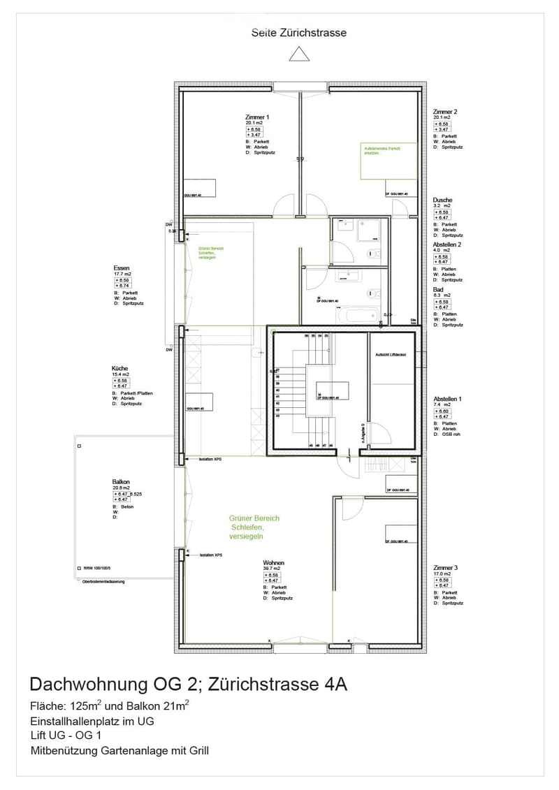 Floor plan of a 125m² apartment with balcony, featuring living room, kitchen, three bedrooms, two bathrooms, and storage areas.