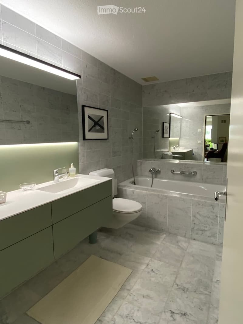Modern bathroom with grey tiles, a large mirror, a bathtub, a toilet, a sink with a faucet, and a framed picture on the wall.