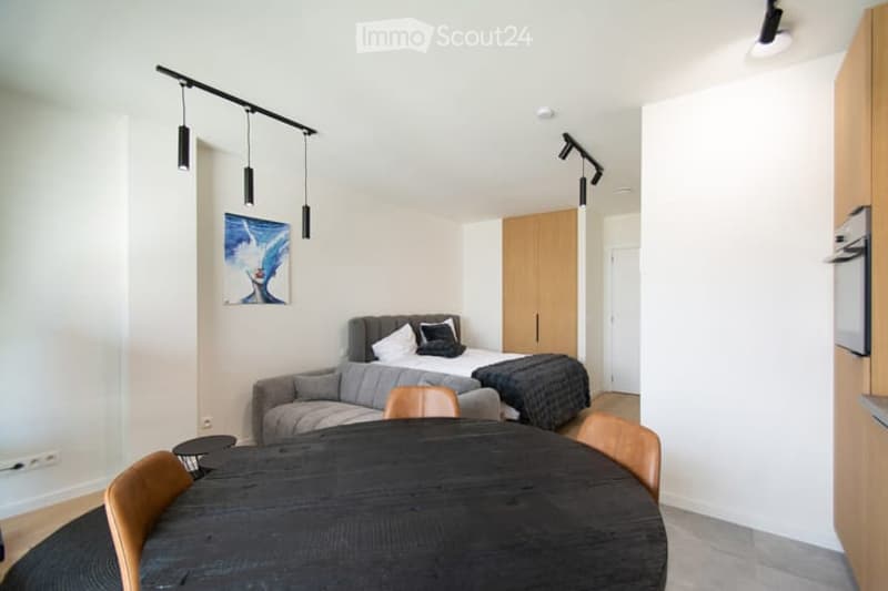 Modern, compact living space with a sofa, bed, dining table, chairs, and a wardrobe. Features pendant lights and a decorative picture on the wall.