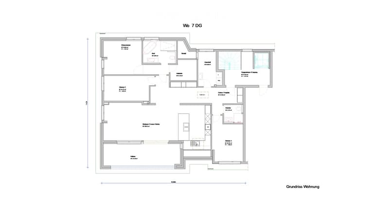 Floor plan of a 7th-floor apartment with multiple rooms including living room, kitchen, bedrooms, bathrooms, and hallway.