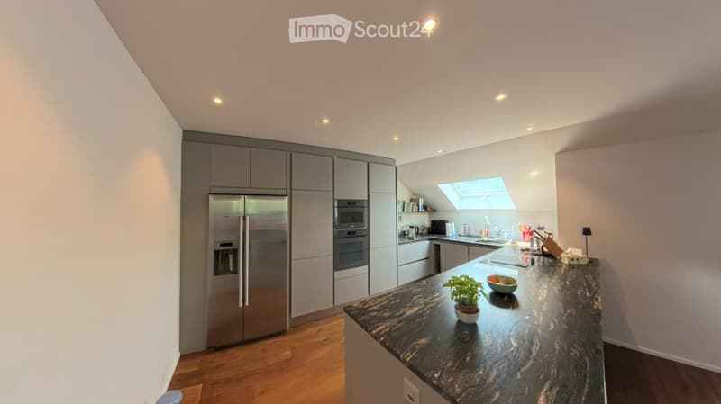 Modern kitchen with stainless steel appliances, marble countertop, and built-in cabinets. Features a small potted plant and a bowl on the counter.