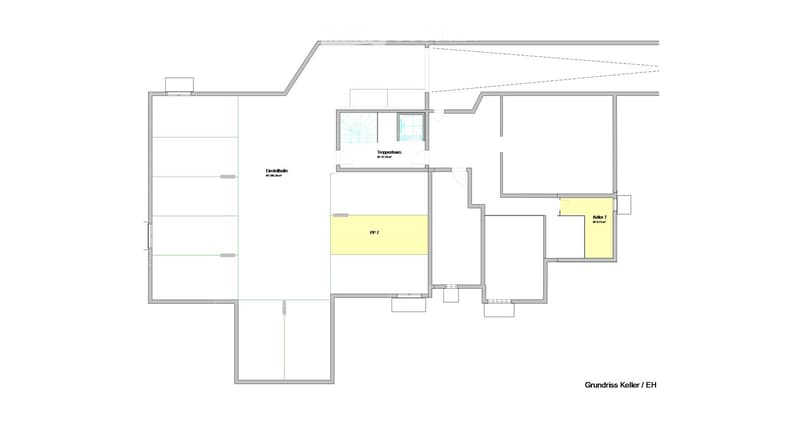 Floor plan of a basement level showing a hallway, staircase, two rooms labeled "PP 7" and "Kälter 7", and a storage area.