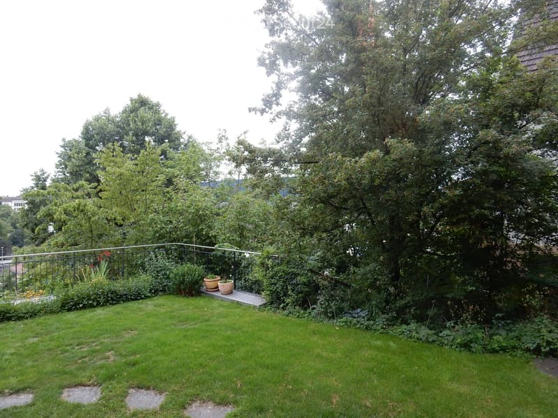 Well-maintained garden with a neatly trimmed lawn, a small patio area with potted plants, and a metal railing separating the garden from the surrounding trees.