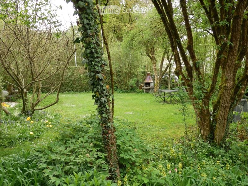 green lawn, trees, bushes, flowers, table and chairs, outdoor fireplace