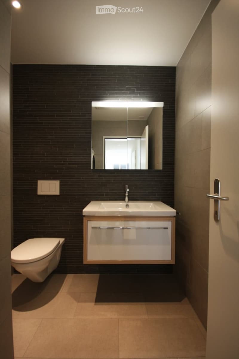 Modern bathroom with dark brick walls, a white sink with a cabinet, a toilet, and a large mirror with built-in lighting.