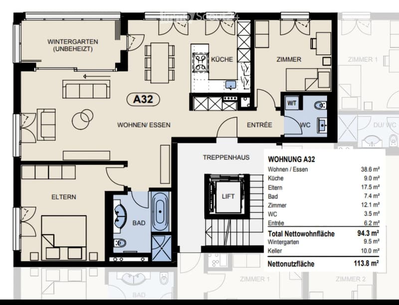 Floor plan of a 94.3 m² apartment with living/dining area, kitchen, parents' room, bathroom, bedroom, WC, entrance, and winter garden.