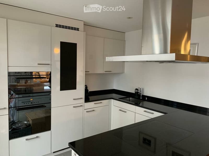 Modern kitchen with white cabinets, black countertops, stainless steel appliances, and a built-in oven.