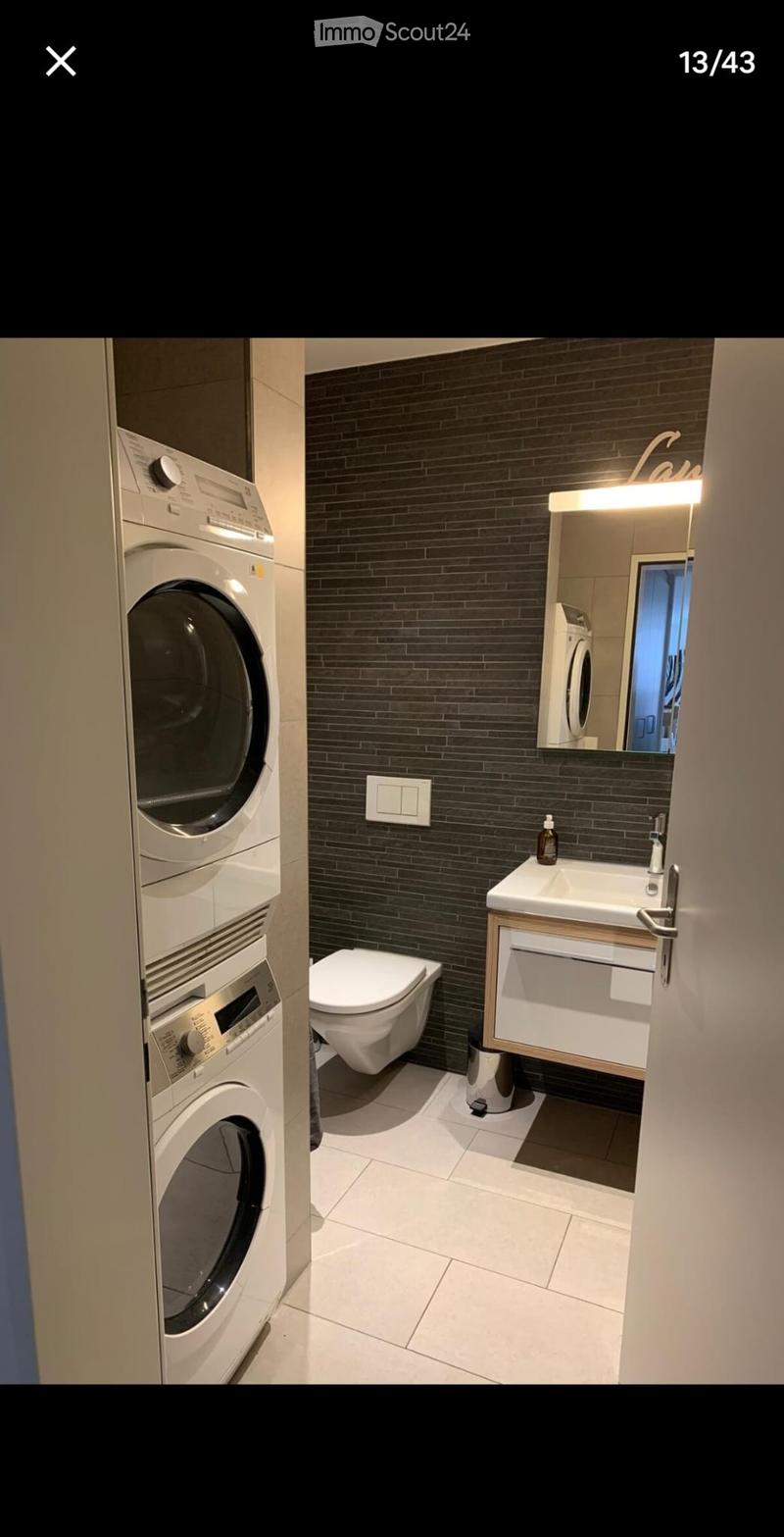 bathroom with toilet, white washing machine, sink, mirror