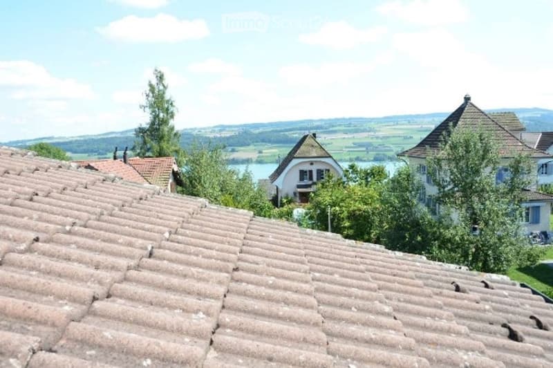 View from a rooftop showing a scenic landscape with houses, trees, and distant hills under a partly cloudy sky.