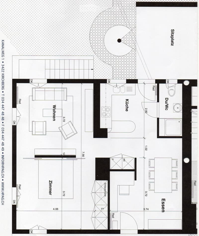 Floor plan of a compact apartment featuring a living room, kitchen, bedroom, bathroom, and dining area.