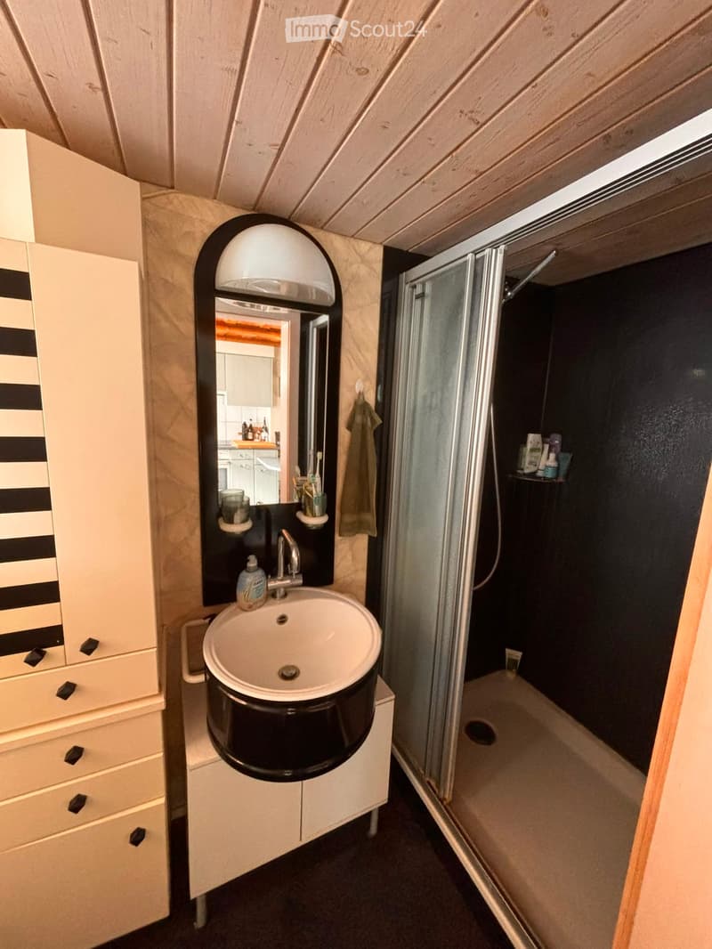 Modern bathroom with a sink, mirror, and a walk-in shower. The sink has a black countertop and a chrome faucet. A white cabinet with black handles is next to the sink. A towel hangs on a rack, and toiletries are visible on the sink and in the shower area.