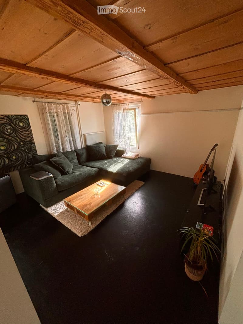 Living room with exposed wooden beams, dark flooring, a sectional sofa, coffee table, guitar, and a potted plant.