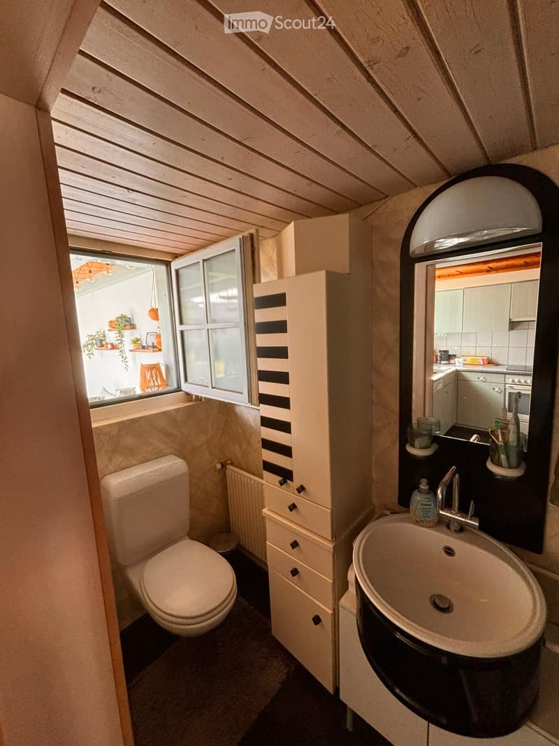 Compact bathroom with a toilet, sink, mirror, and cabinet. The room features wooden slatted ceilings and a window with a view of a balcony area.