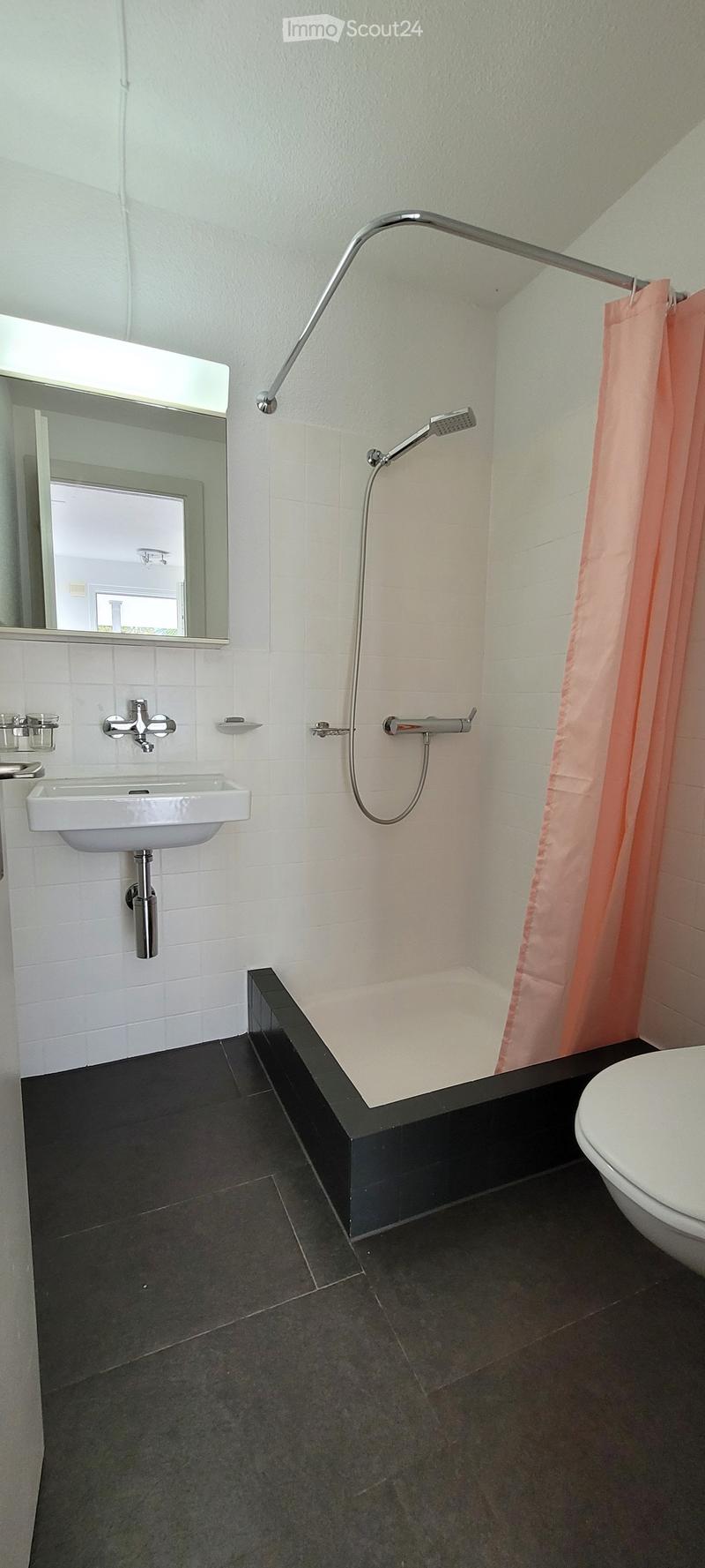 Modern bathroom with white tiles, black accents, a corner bathtub, a sink with a mirror, and a shower area with a handheld showerhead and a pink curtain.