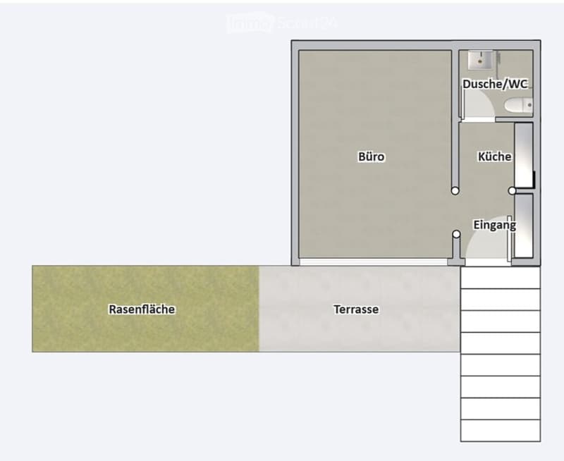 Floor plan showing a studio with a kitchen, bathroom, office area, entrance, terrace, and lawn area.