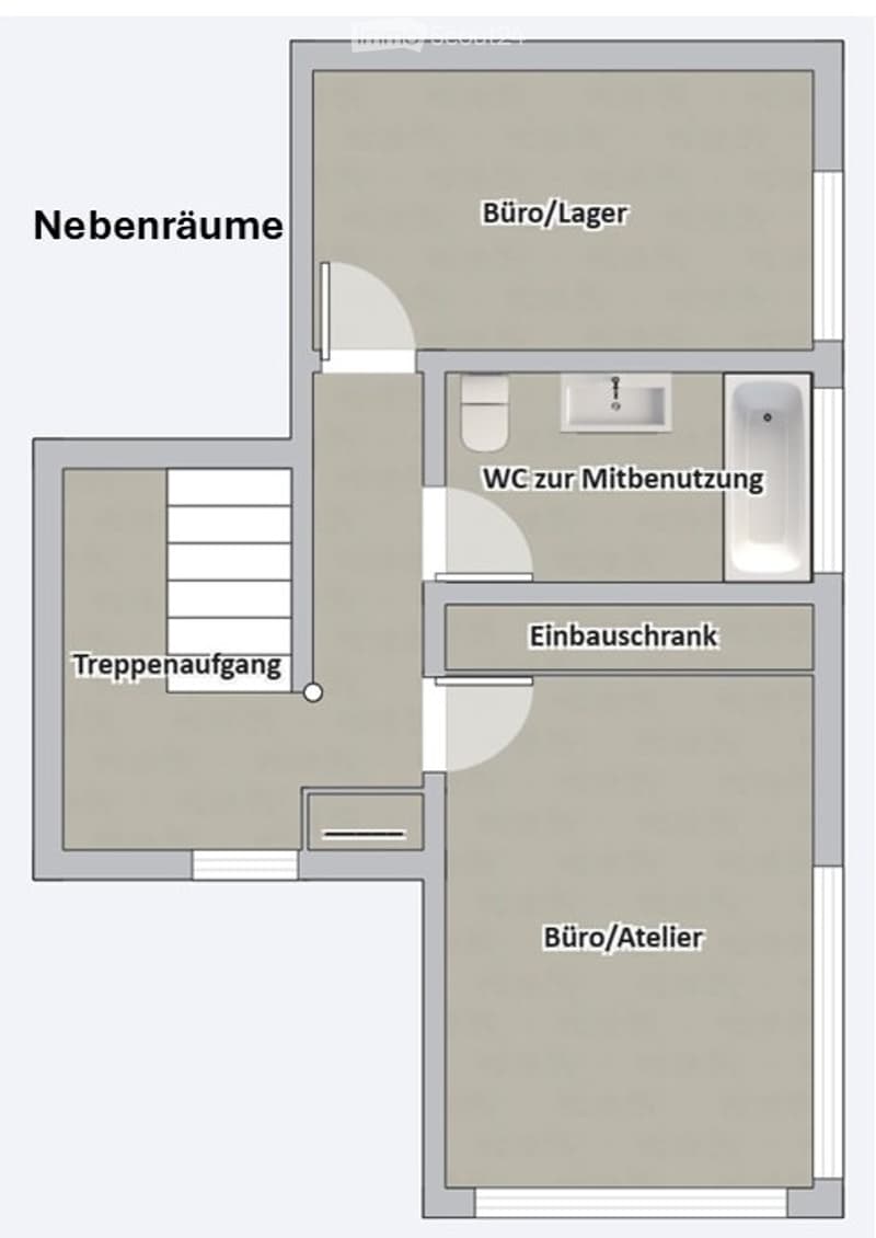 Layout of a multi-purpose space including a staircase, office/warehouse area, shared WC, built-in closet, and office/studio area.