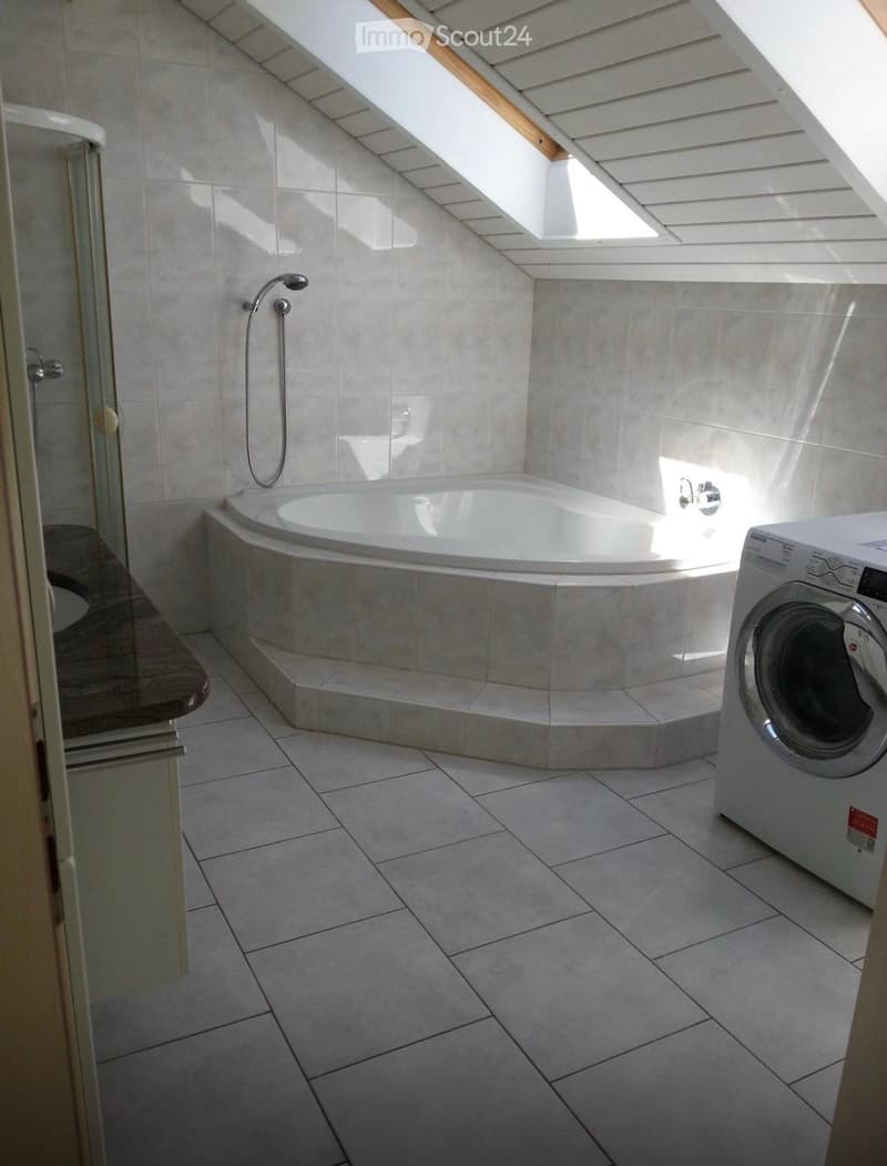 Modern bathroom with a large bathtub, shower, and a washing machine in the corner. The room features tiled walls and floor, with natural light coming from a skylight.