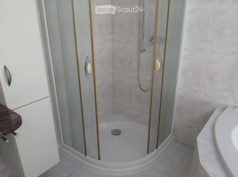 Modern bathroom with a corner shower stall, glass enclosure, and a cabinet.