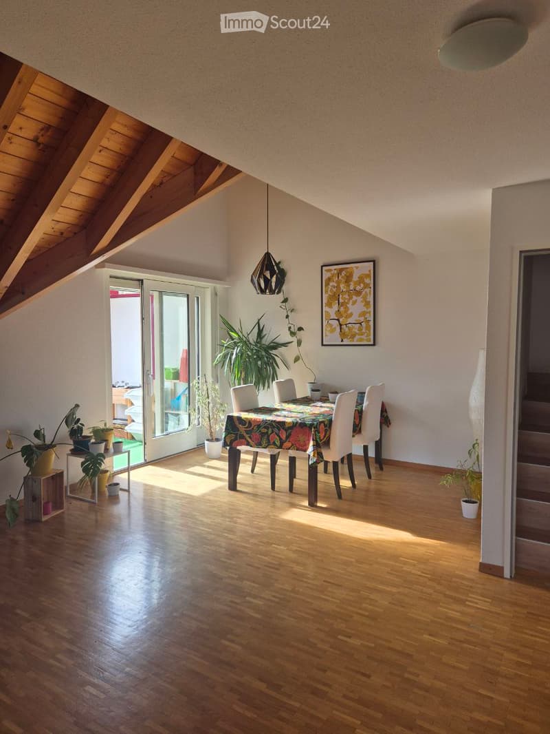 Bright dining area with wooden flooring, a dining table with chairs, pendant light, and potted plants near a large sliding glass door leading to a balcony.