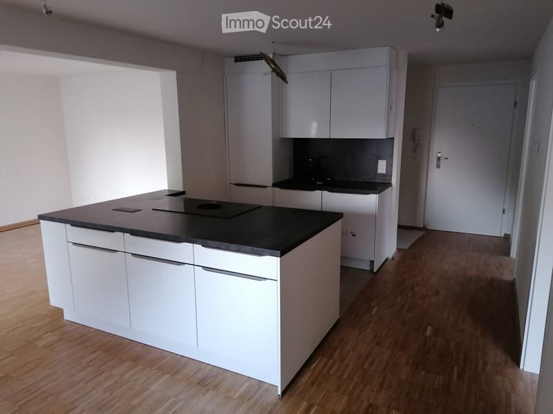 modern design, kitchen island, black countertop, white cabinets, built-in sink, large appliances