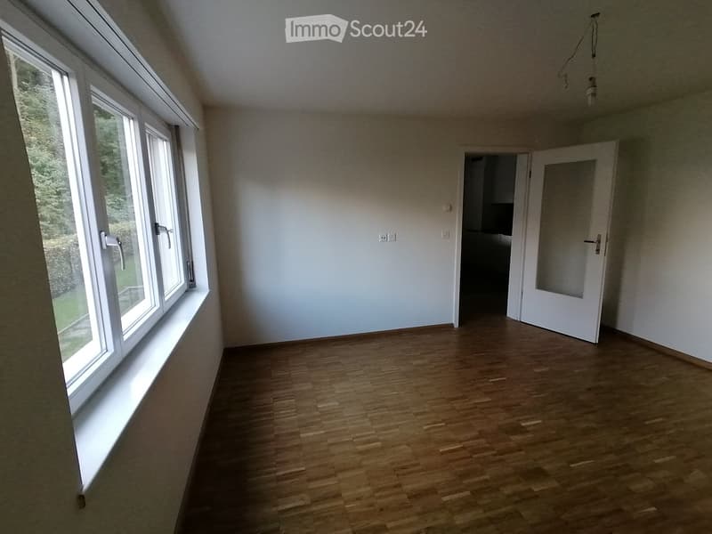 Empty room, white walls, wooden floor, white windows, glass door