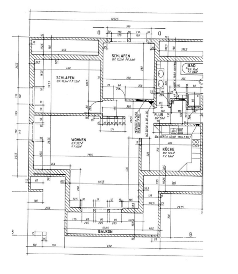 Floor plan showing a 3-room apartment with living area, kitchen, bedroom, bathroom, and balcony.
