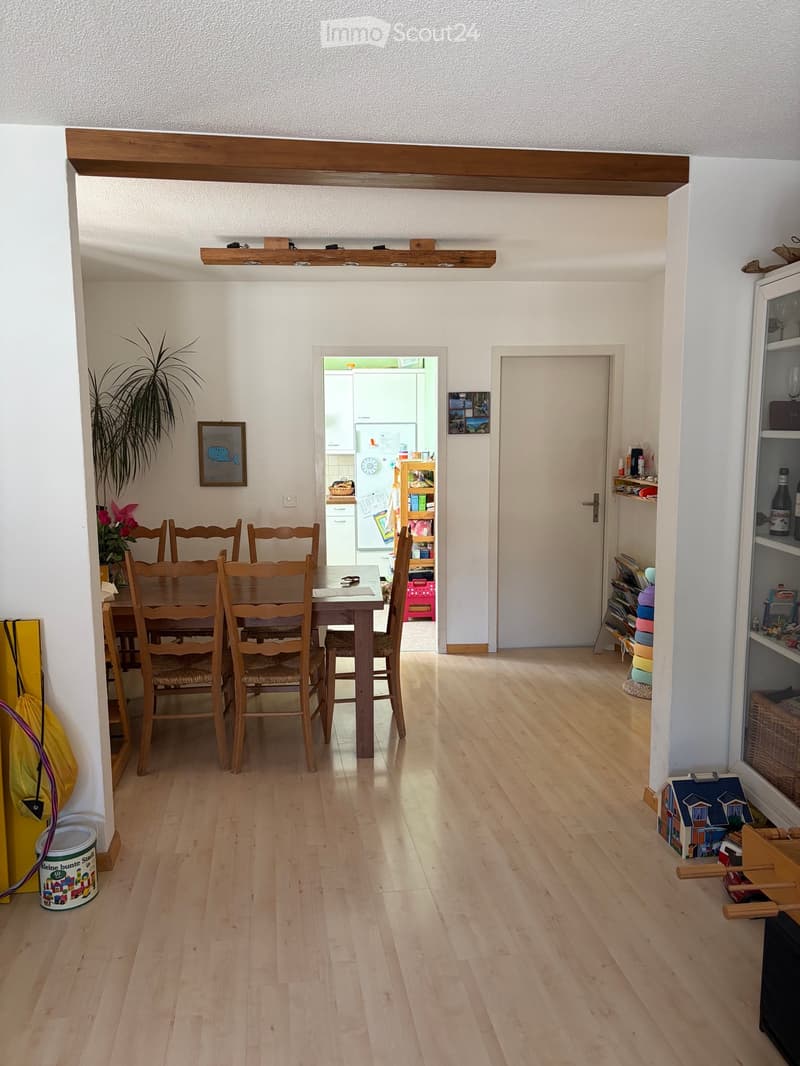 Bright dining area with wooden flooring, a dining table surrounded by chairs, shelves, a refrigerator visible in the adjacent kitchen, and decorative items including a plant and a picture frame.