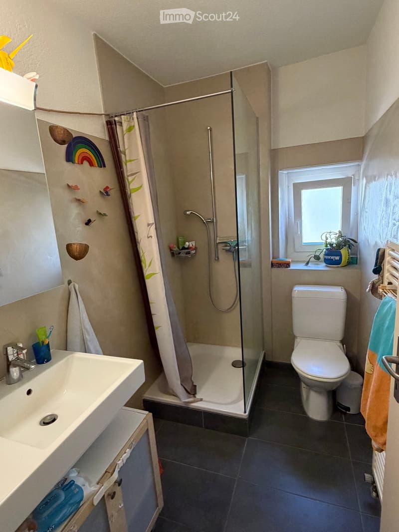 Modern bathroom with a white sink, chrome faucet, toilet, glass-enclosed shower with a curtain, and a small window with a plant on the sill.