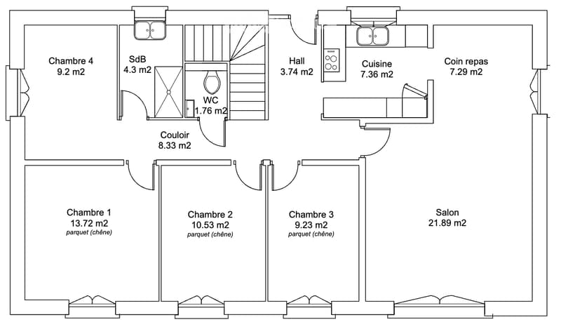 Floor plan of a 4-bedroom apartment with a living room, dining area, kitchen, hallway, bathroom, and WC.
