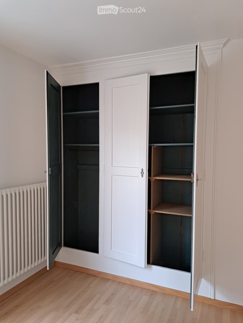 Empty room with wooden flooring, white walls, and built-in closet with open shelves and drawers.