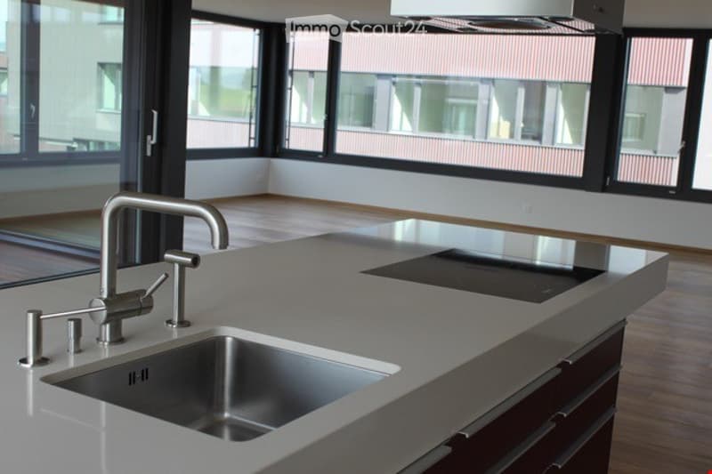 Modern kitchen with a sleek, minimalist design. Features a large island with a stainless steel sink, a modern faucet, and an induction cooktop. The space is bright with large windows and wooden flooring.