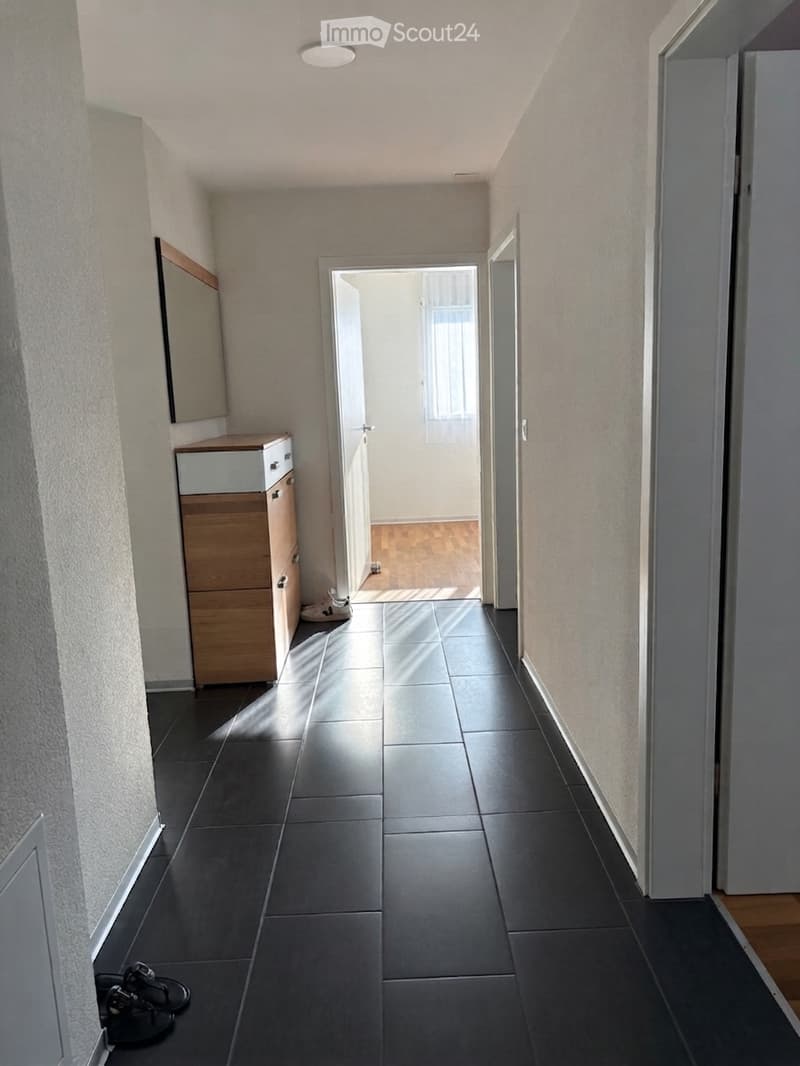 A clean, modern hallway with dark tiled flooring, light-colored walls, and a small wooden cabinet with drawers on one side. A doorway leads to another room with wooden flooring visible.