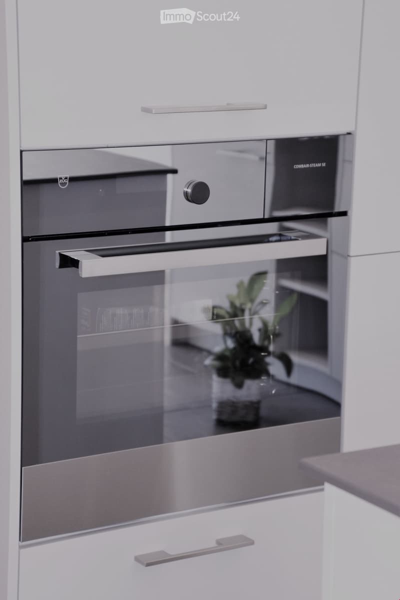 Modern kitchen with a sleek, stainless steel oven featuring glass doors and silver handles, with a small potted plant visible through the oven door.