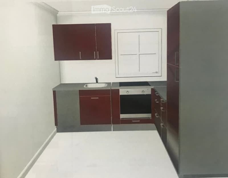 Modern kitchen with dark red cabinets, a sink, and an oven, featuring a window above the sink and a grey countertop.