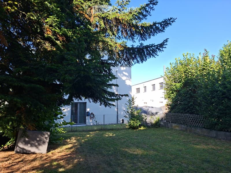 A grassy garden area with a white building in the background, surrounded by trees and a fence.