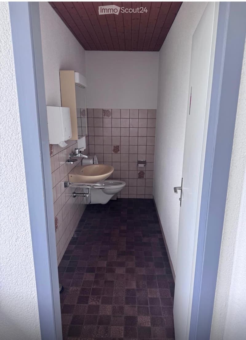 Small bathroom with a sink, toilet, and hand dryer. The walls are tiled with a decorative pattern, and the floor is covered with dark tiles.