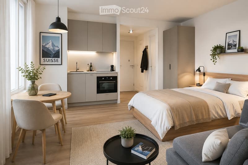Modern, well-lit studio apartment with a bed, sofa, coffee table, dining table, chairs, kitchen area, and decorative elements like picture frames and potted plants.