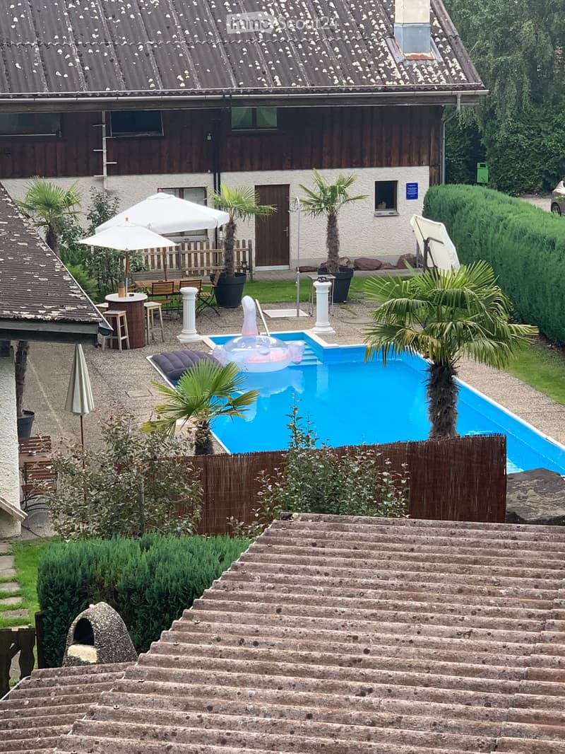 Outdoor area with a swimming pool, surrounded by palm trees, lounge chairs, and a covered seating area with tables and chairs.