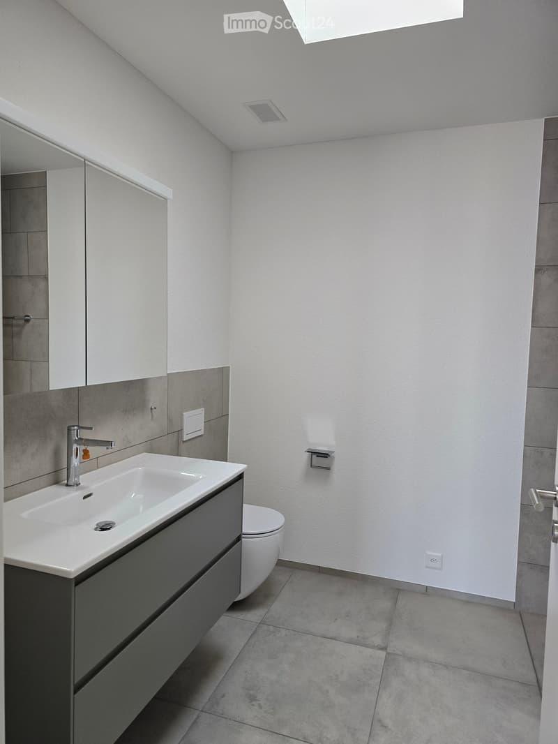 Modern bathroom with a white sink, chrome faucet, dark grey cabinet, and a white toilet. The walls are white with grey tiles in the shower area.