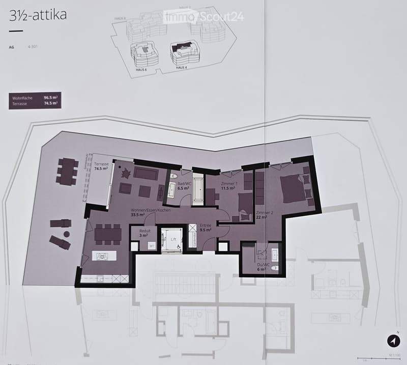 Floor plan of a 3 1/2-attika apartment with96.5 m² living space and 74.5 m² terrace. Layout includes living/dining/kitchen area, two bedrooms, two bathrooms, entrance, and a small study.
