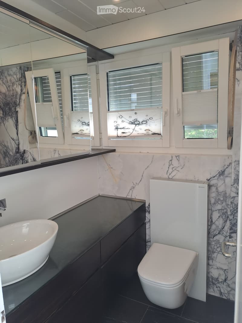 Modern bathroom with marble walls, black countertop, white bathtub, toilet, and large mirror.