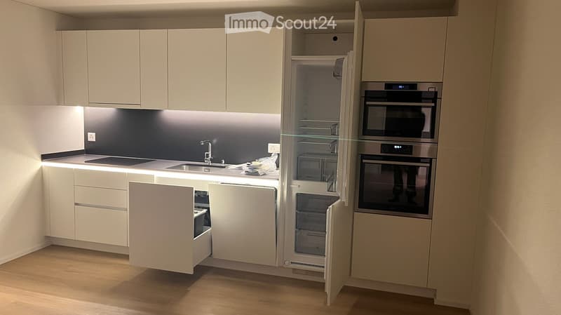 Modern kitchen with white cabinets, stainless steel appliances, and a sleek design. Features include a sink, refrigerator, oven, microwave, and built-in lighting.