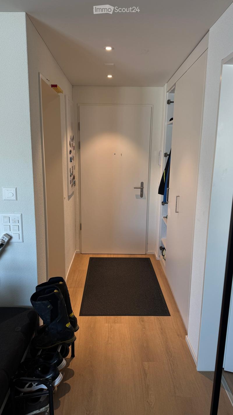 A narrow hallway with wooden flooring, white walls, and recessed lighting. A black doormat is placed in the center, and a pair of black boots is stored on a small rack to the left.