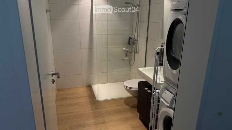 Modern bathroom with a glass-enclosed shower, toilet, sink, and a stacked washing machine/dryer unit.