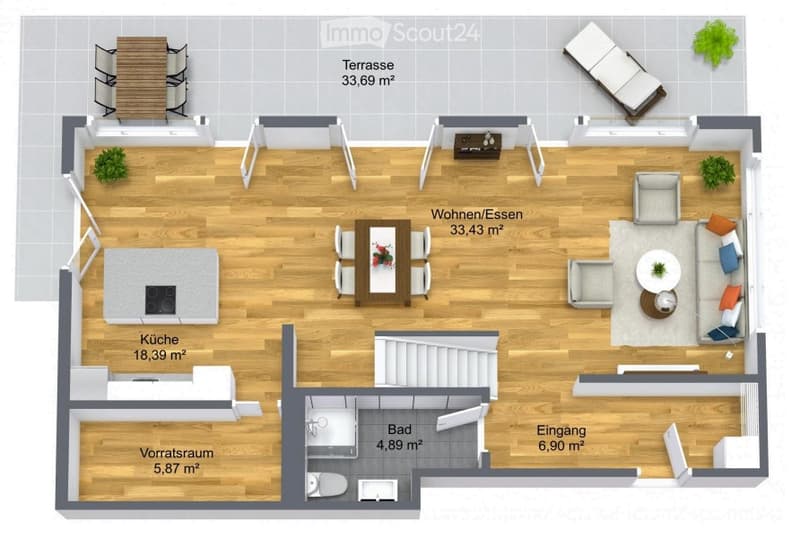 Floor plan of a modern apartment with living/dining area, kitchen, bedroom, bathroom, hallway, and terrace.