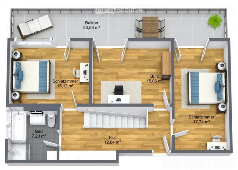 Floor plan of a 3-bedroom apartment with a balcony, office, and bathroom.
