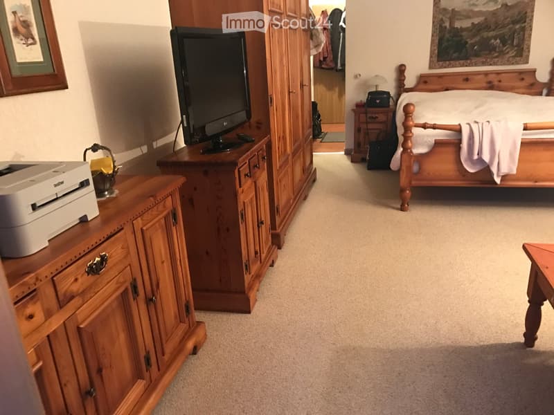 Cozy bedroom with a wooden bed, nightstand, lamp, printer, TV, and wooden furniture.