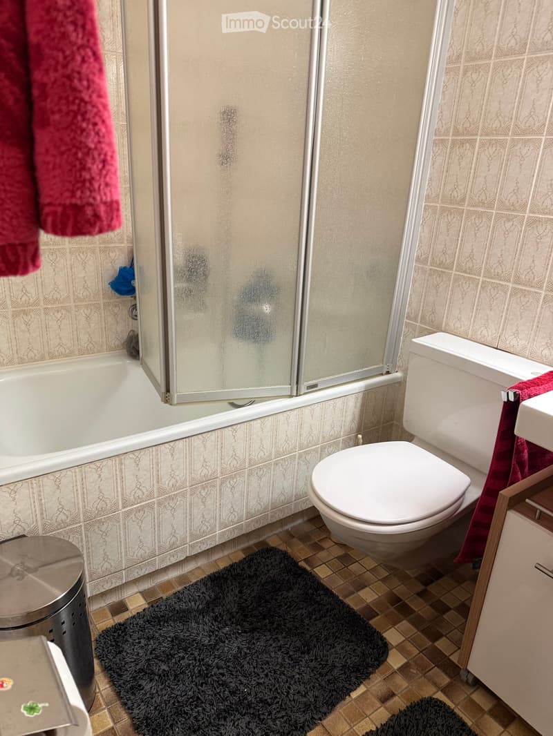 Bathroom with a bathtub, toilet, sink, shower stall, and a bathroom cabinet. The floor has a dark rug, and the walls are tiled with a decorative pattern.
