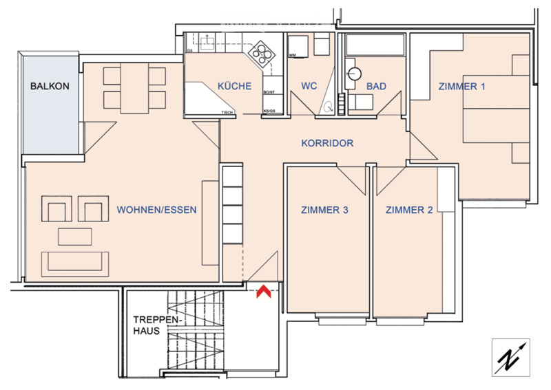 Floor plan showing a kitchen, living/dining area, three bedrooms, bathroom, WC, balcony, and staircase house.