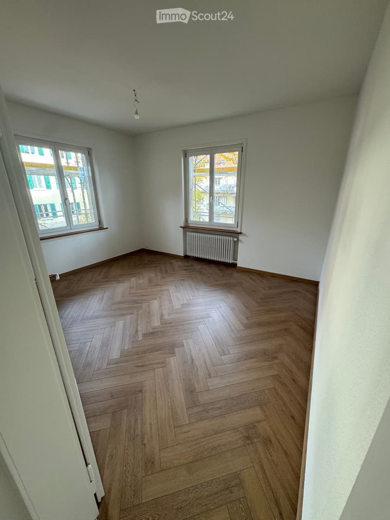 empty room, wooden floor, white walls, 2 windows, radiator, central ceiling light